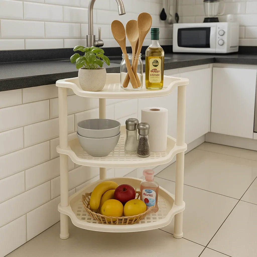 3 Layer Triangular Plastic Corner Shelf – 40×30cm Storage Rack - Clarify.pk