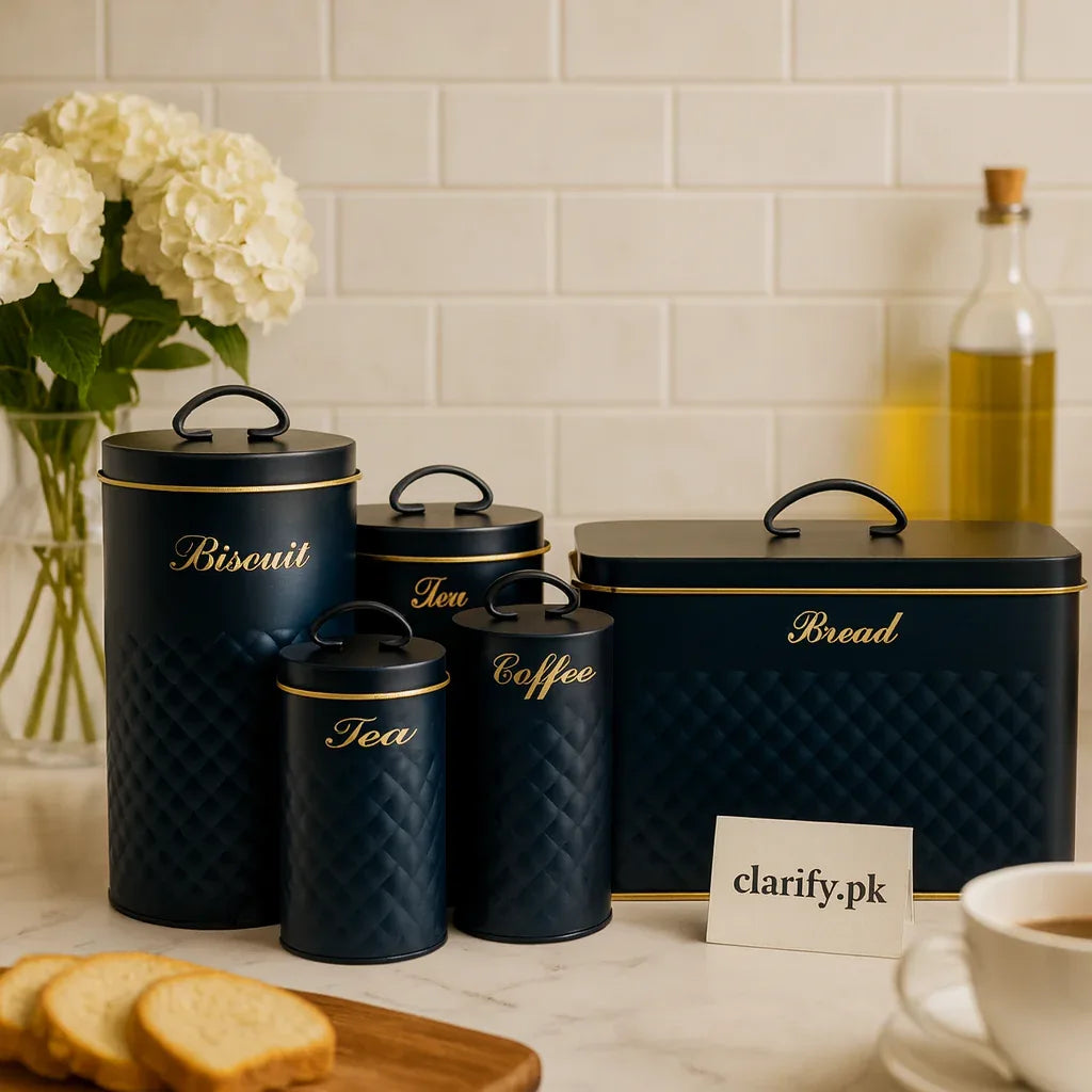 Luxury 5-Piece Kitchen Storage Set – Bread, Tea, Coffee, Sugar & Biscuits - Clarify.pk