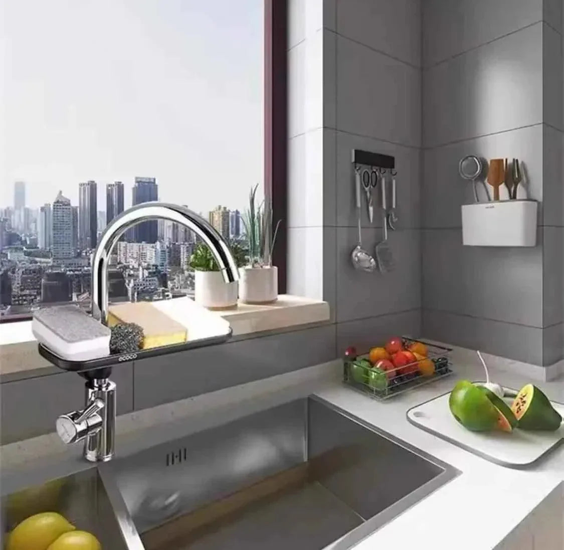 Stainless Steel Kitchen Rack - Faucet and Sponge Storage Shelf for Dish Cloths. - Clarify.pk