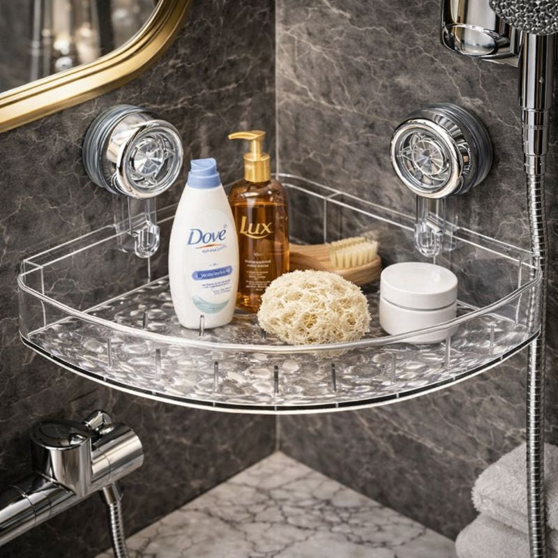 Acrylic Corner Suction Shelf – Drill-Free Bathroom Rack AB