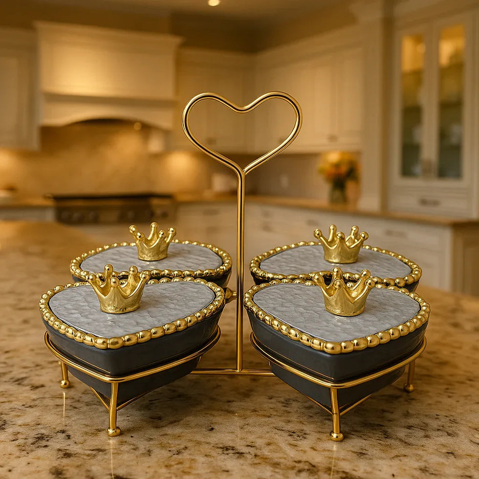Luxury 4 Pcs Ceramic Bowl Set – Golden Stand & Crown Lids