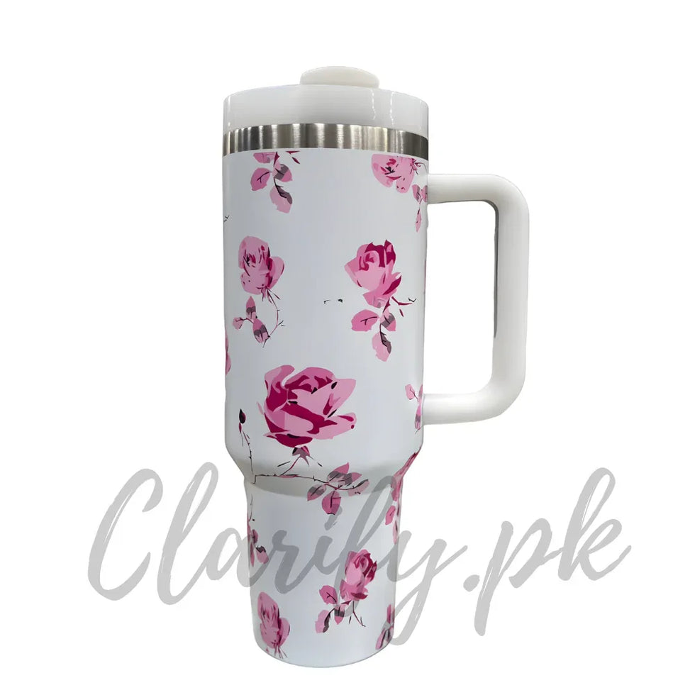 Premium White Pink Rose 40oz Tumbler With Handle – 1200ml - Clarify.pk