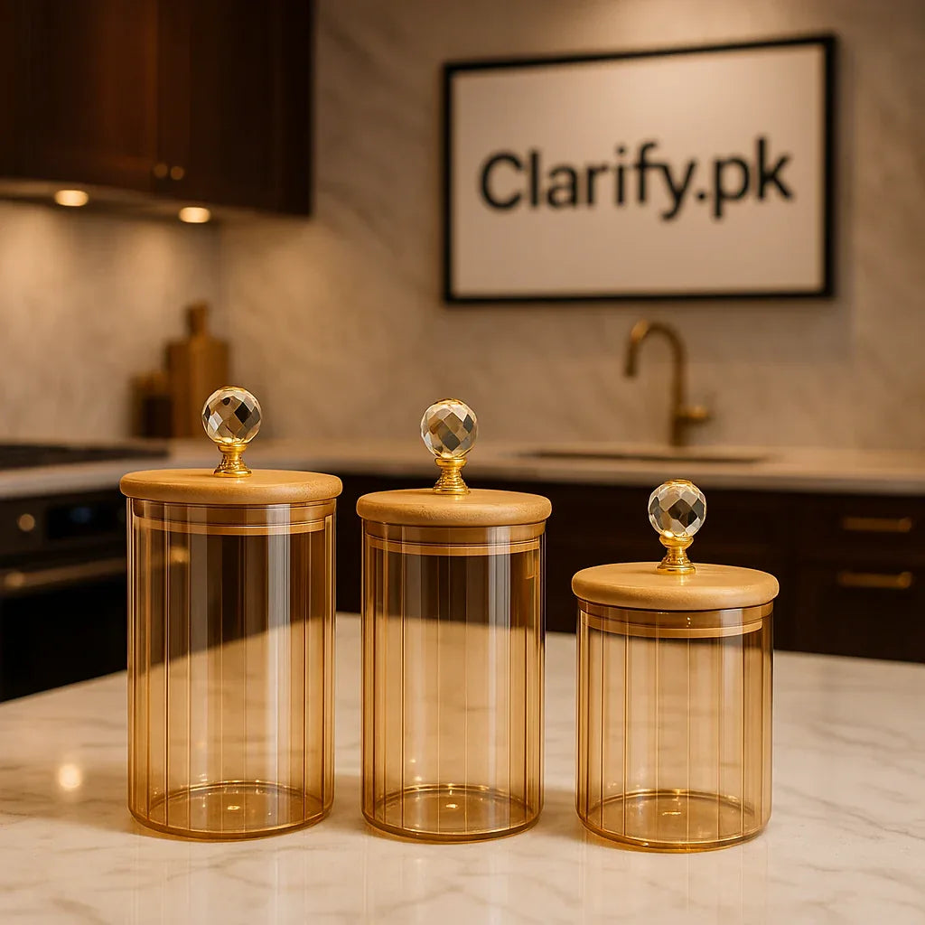 Golden Storage Jar with Wooden Lid & Crystal Knob - Clarify.pk