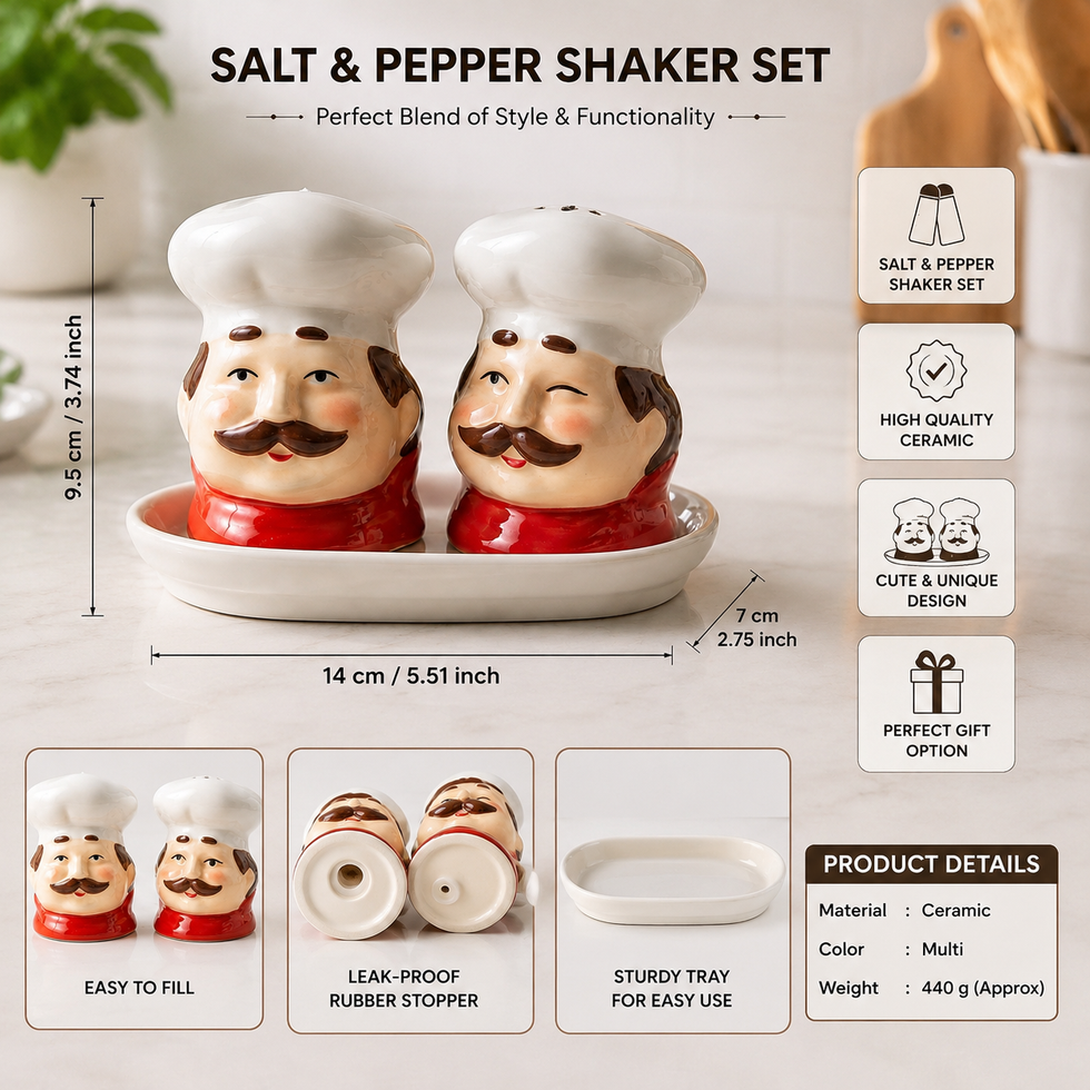 Ceramic Chef Salt & Pepper Shaker Set with Tray