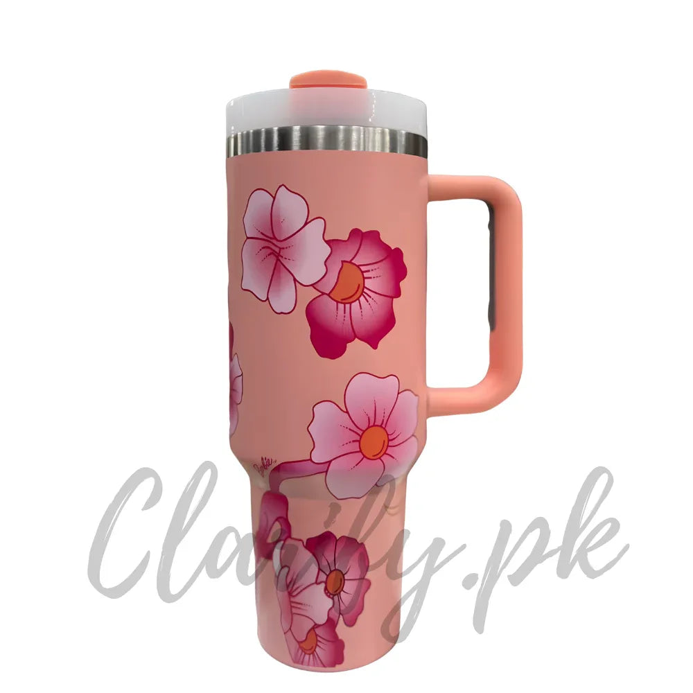 Premium Peach Hibiscus Floral 40oz Tumbler With Handle – 1200ml - Clarify.pk