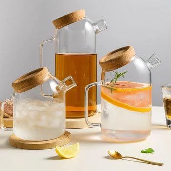Set of 3 Glass Jugs with Wooden Lids – Elegant Drink Pitcher Set - Clarify.pk