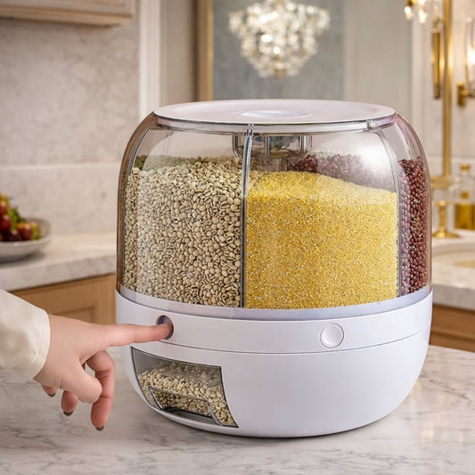 Premium 360° Rotating 6-Grid Grain Dispenser - One-Touch Cereal & Rice Organizer - Trenducts.pk