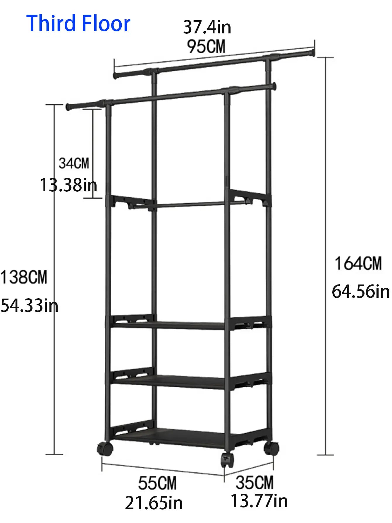 Double Pole Clothes Rack with Shelf & Shoe Storage