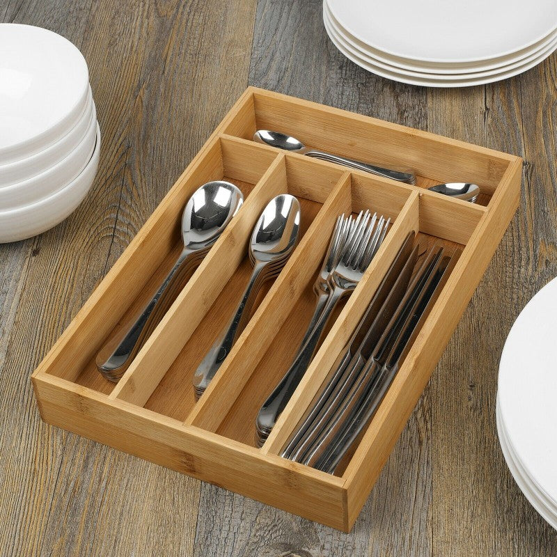 Bamboo Cutlery Tray - 5-Compartment Kitchen Drawer Organizer