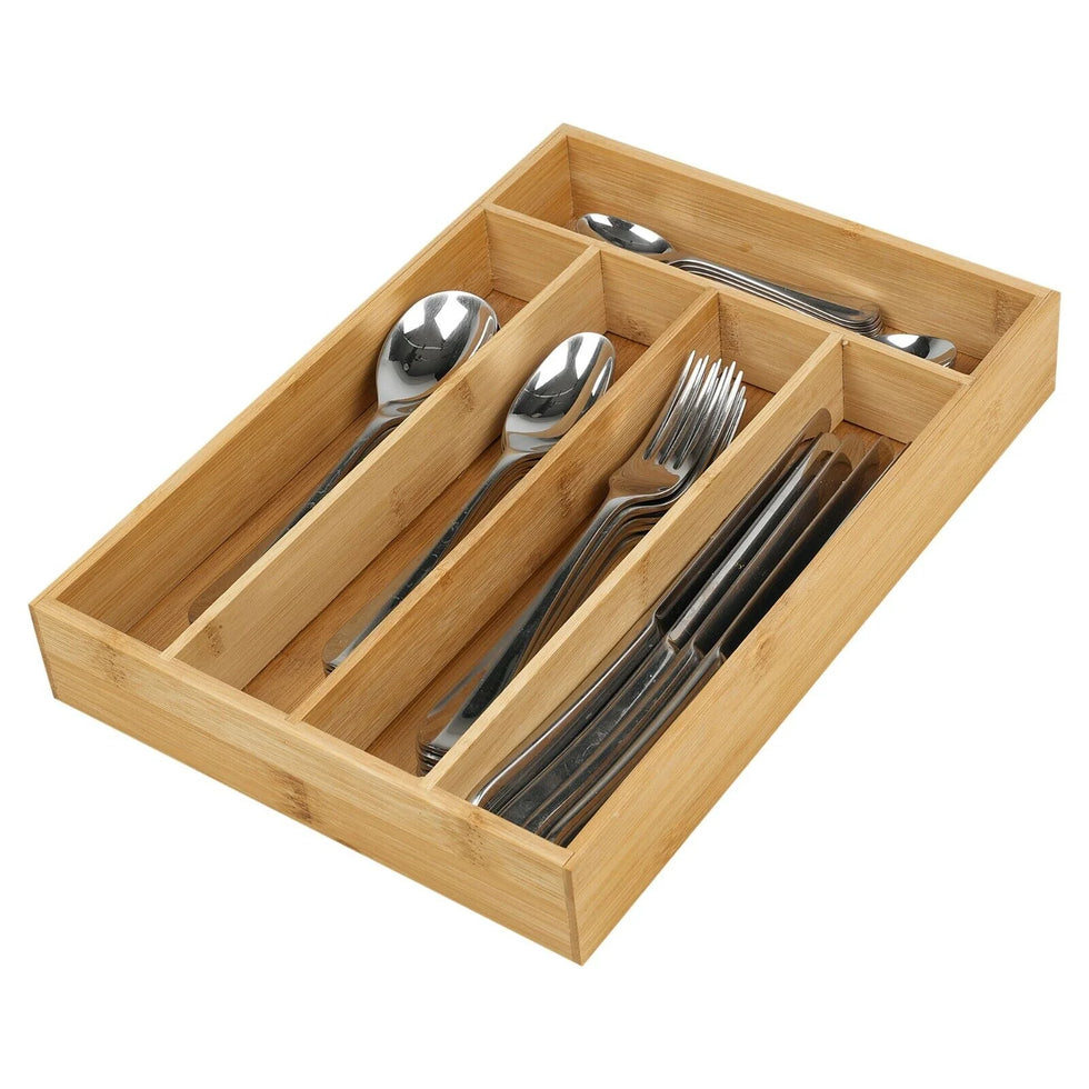 Bamboo Cutlery Tray - 5-Compartment Kitchen Drawer Organizer