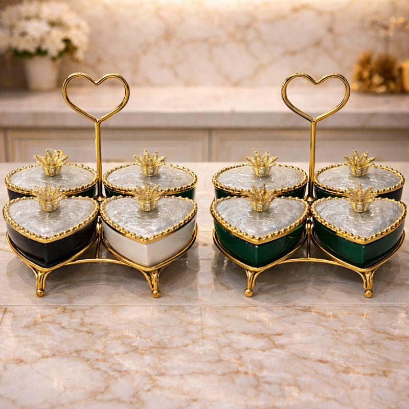 Luxury 4-Section Heart Serving Set – Fancy Marbled Jars with Golden Heart Stand (Random color) - Trenducts.pk