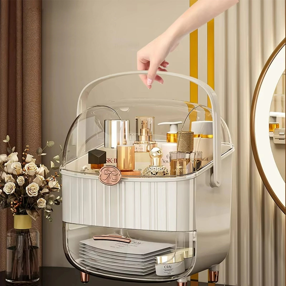 Imperial White-Gold Vanity Organizer – Luxury Dust-Proof Edition
