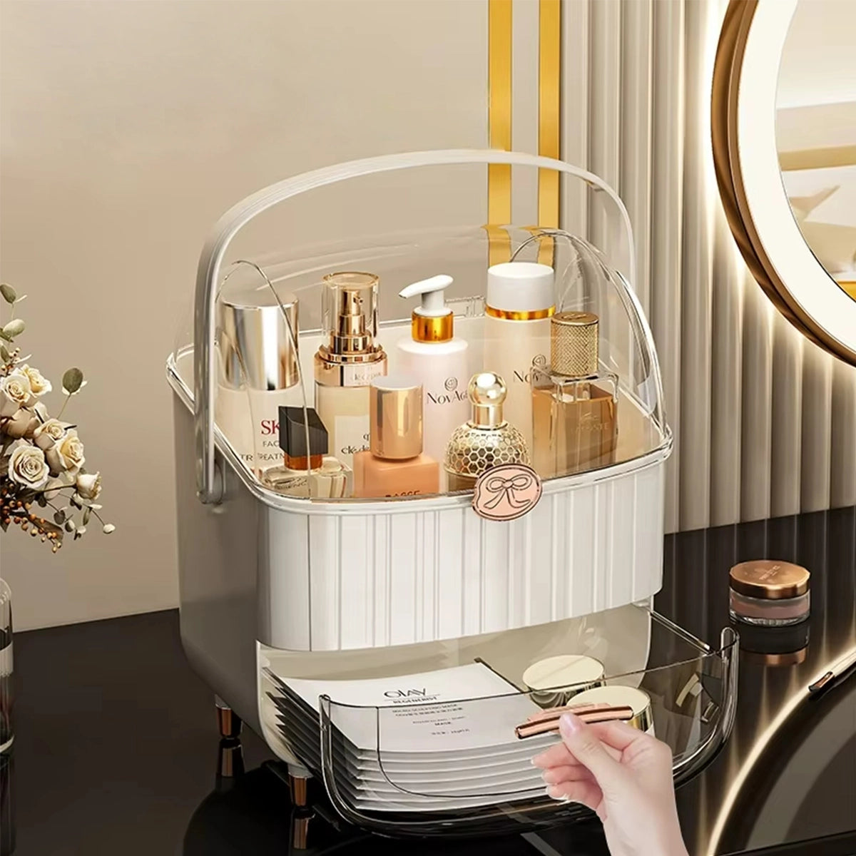 Imperial White-Gold Vanity Organizer – Luxury Dust-Proof Edition