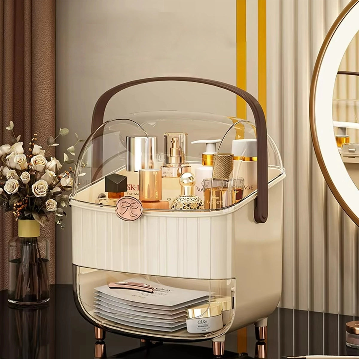 Imperial White-Gold Vanity Organizer – Luxury Dust-Proof Edition