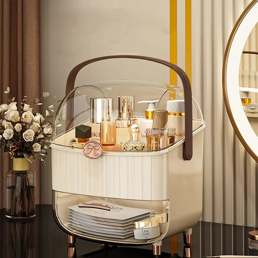 Imperial White-Gold Vanity Organizer – Luxury Dust-Proof Edition