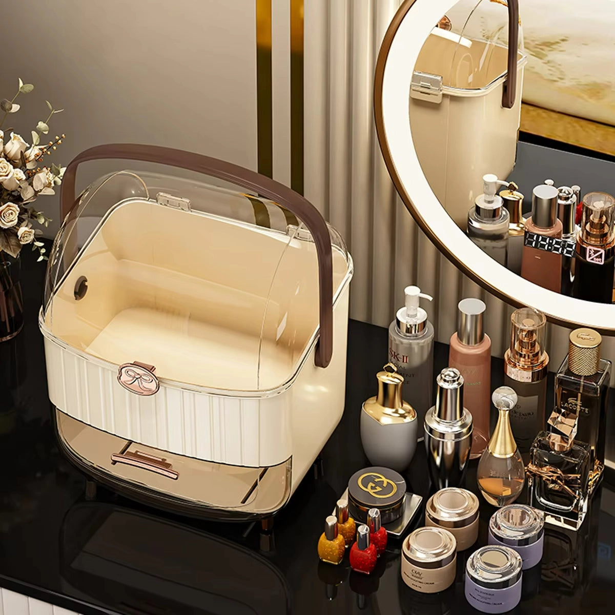 Imperial White-Gold Vanity Organizer – Luxury Dust-Proof Edition