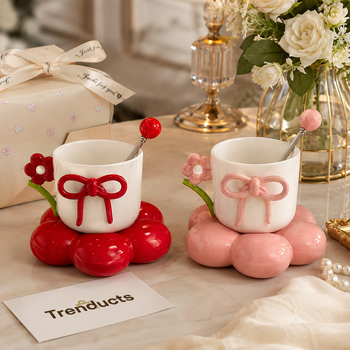 Aesthetic Ceramic Bow Mug Set - Trendy Coquette Coffee Cup Without Spoon (each)