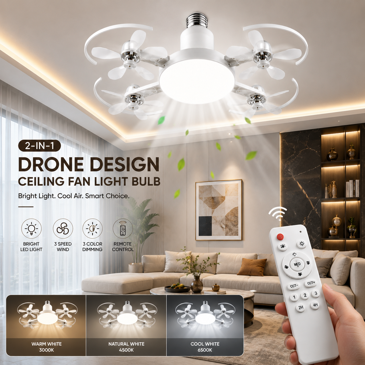 2-in-1 Drone Design Ceiling Fan Light Bulb - Remote Control LED Fan Lamp
