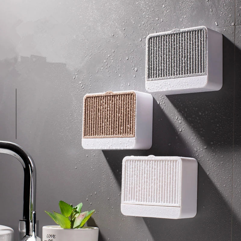 Wall-Mounted Soap Dish Holder with Lid – Double Grid Drain Box, Punch-Free