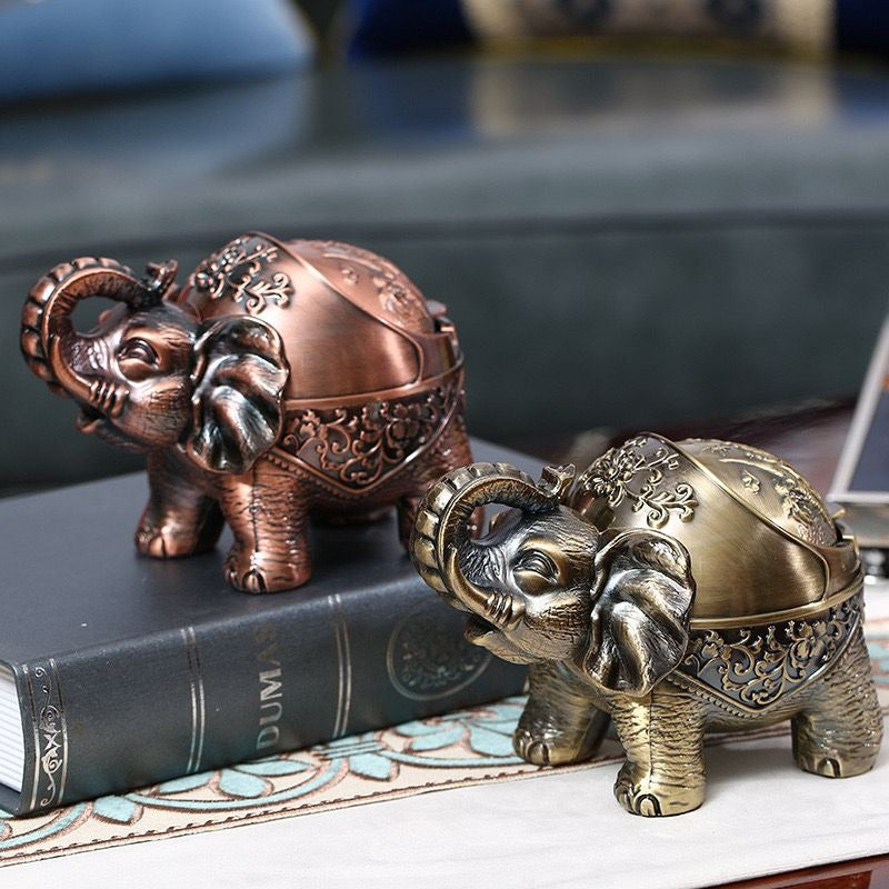 Antique Metal Elephant Standing Ashtray - Windproof Luxury Desktop Ornament