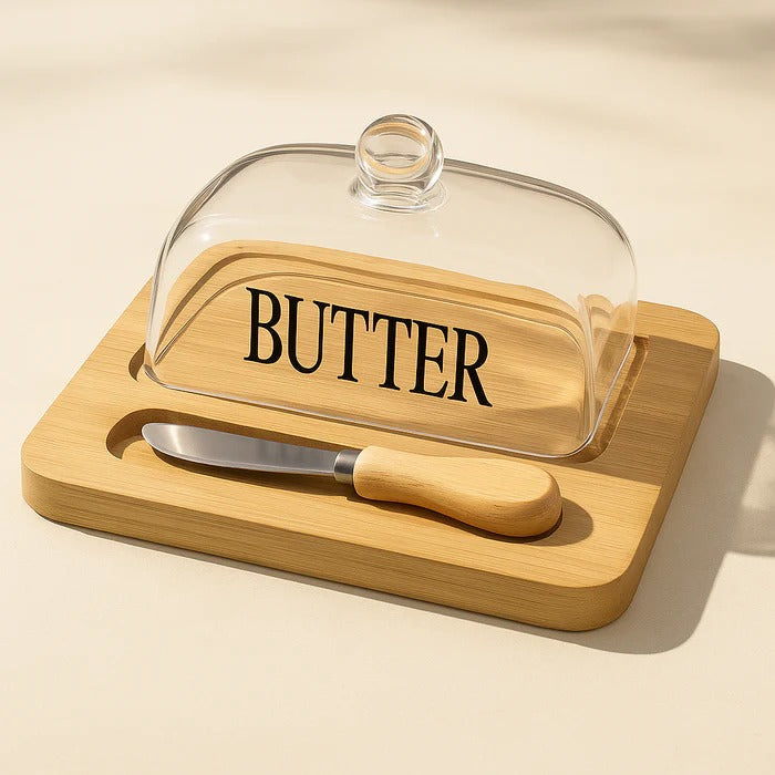 Elegant Glass Butter Dish with Bamboo Base & Knife