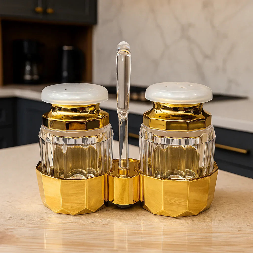 Premium Golden Salt & Pepper Holder Set – Stylish Dining Accessory - Clarify.pk