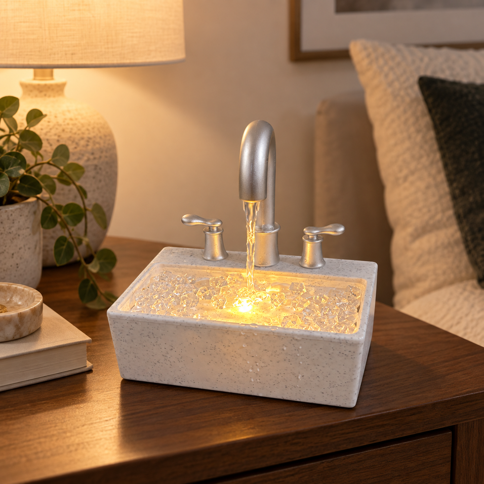 Luxury Sink-Style Tabletop Water Fountain with Faucet, Crystal Pebbles & LED Light