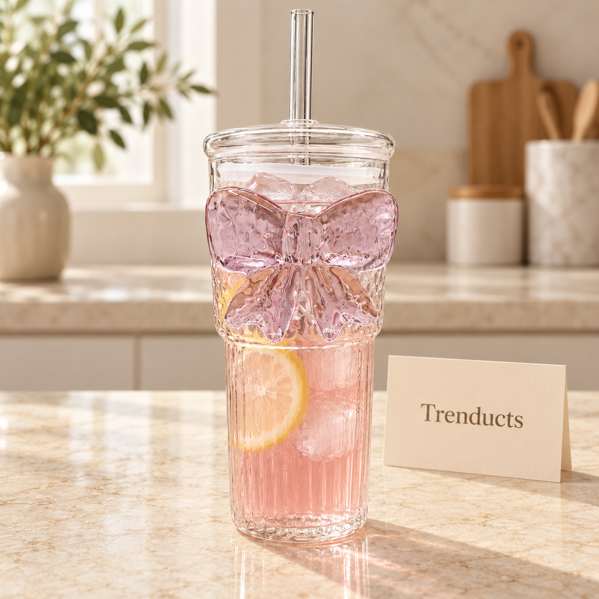 Ribbed Bow Glass Tumbler with Dome Lid & Glass Straw – Aesthetic Coquette Drinkware