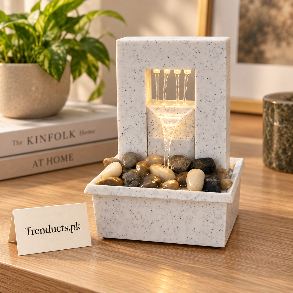 Modern Arch Wall Tabletop Fountain with LED Light & River Pebbles – Indoor Water Feature