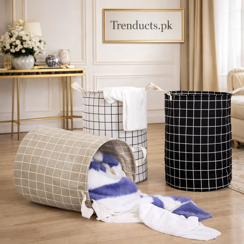 Foldable Cotton Linen Laundry Basket - Waterproof Toy & Clothes Storage (Each) - Trenducts.pk