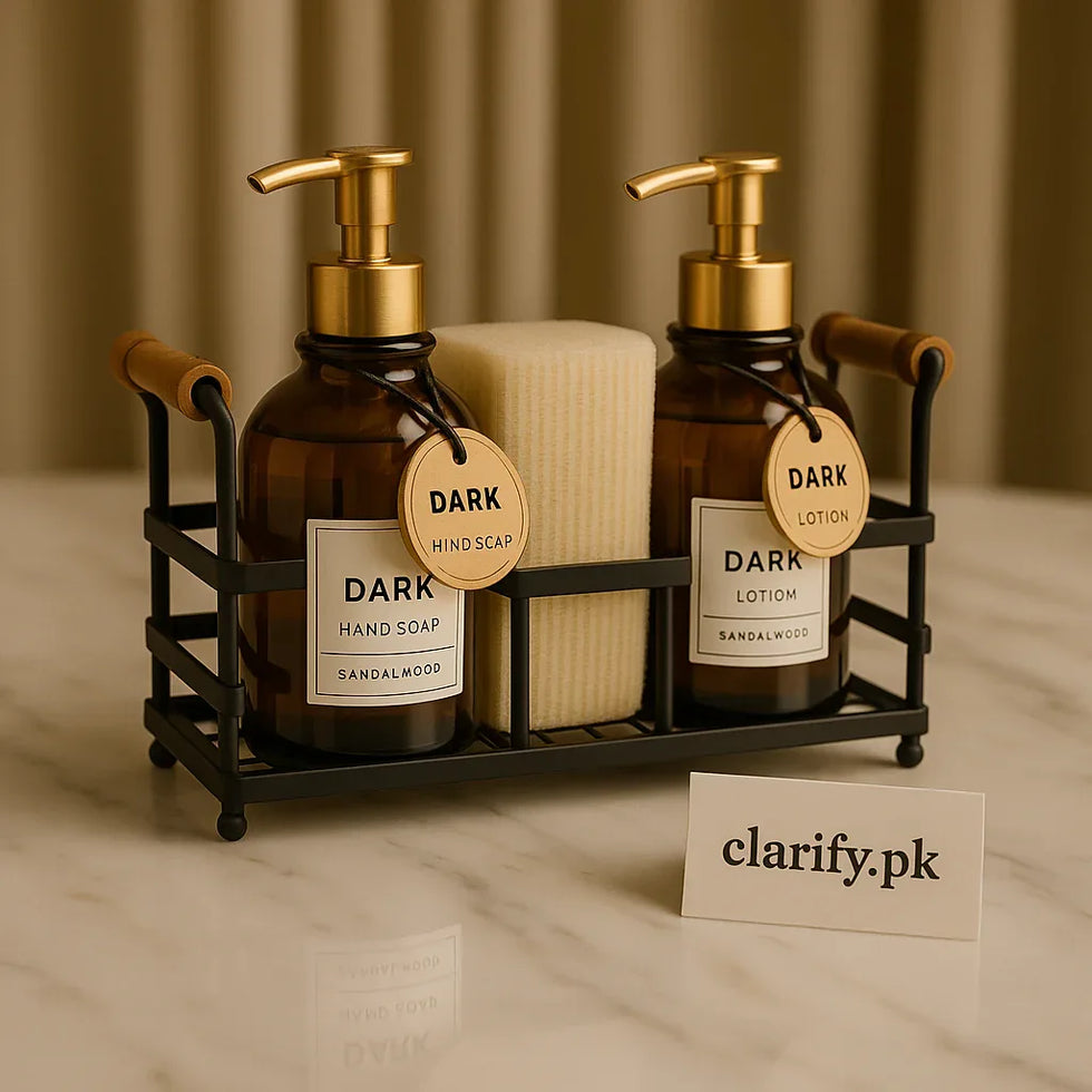 Amber Soap & Lotion Dispenser Set with Gold Caddy – Elegant Refillable Organizer - Clarify.pk