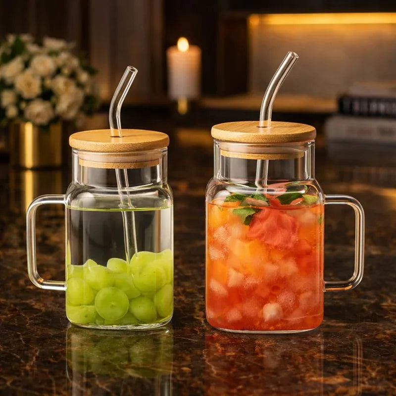 Mason Jar Glass with Handle & Bamboo Lid – Aesthetic - Clarify.pk