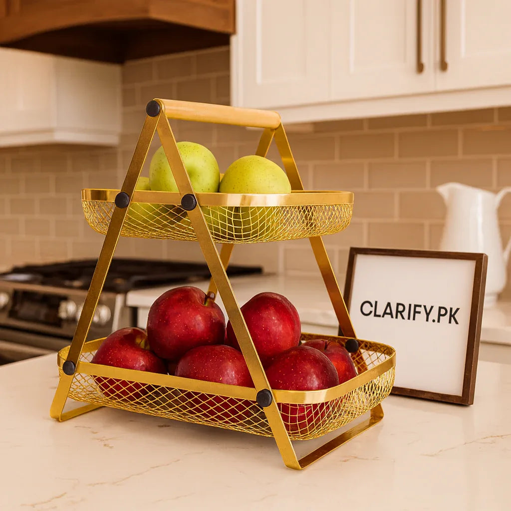 Golden 2 Tier Fruit Basket Stand – Elegant Gold Organizer