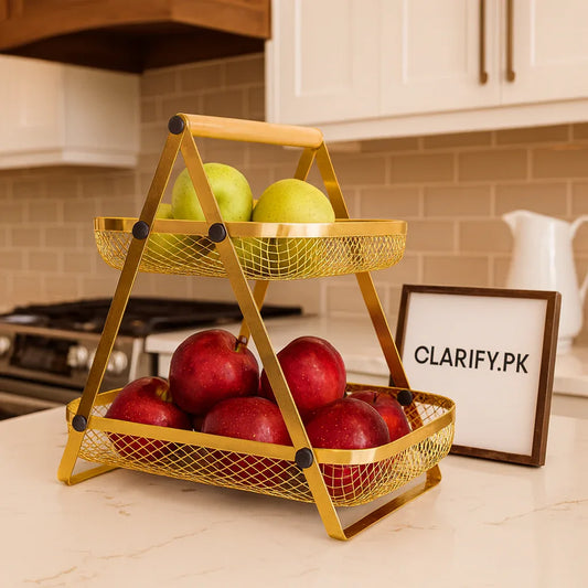 Golden 2 Tier Fruit Basket Stand – Elegant Gold Organizer - Clarify.pk