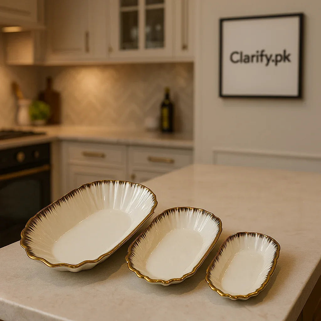 Luxury Wavy Edge Porcelain Platters - 3 Pcs Serving Set - Clarify.pk