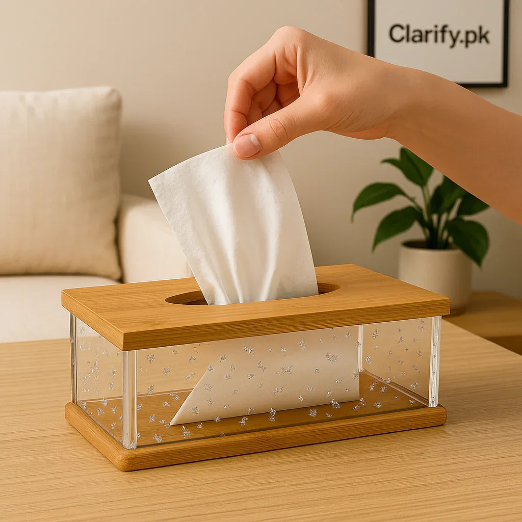 Clear Acrylic Tissue Dispenser with Wooden Accent - Clarify.pk