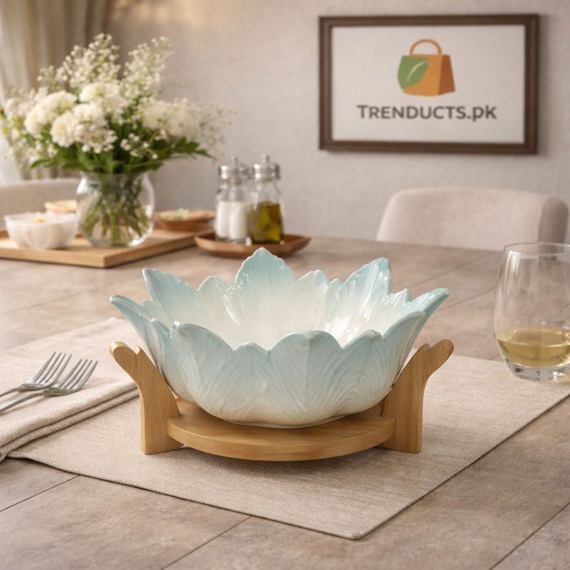 Elegant Scalloped Petal Ceramic Serving Bowl - Pastel Ombre with Wooden Stand - Trenducts.pk