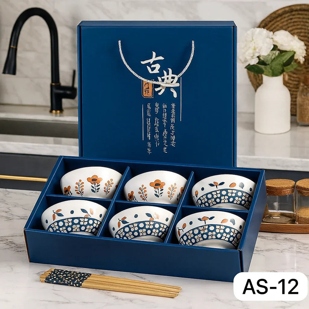 Japanese Ceramic Bowl Set of 6 with Chopsticks – Indigo Floral Print - Clarify.pk