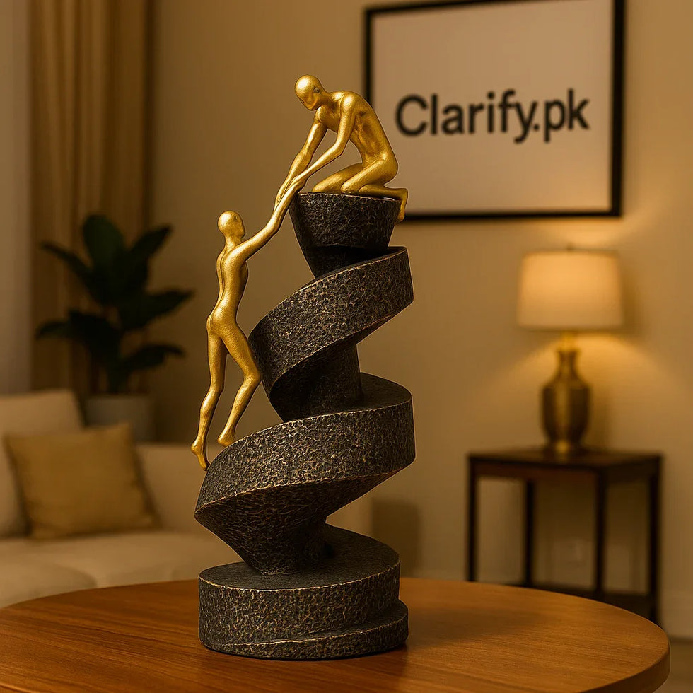 Golden Helping Hand Sculpture – Abstract Spiral Fiber Showpiece