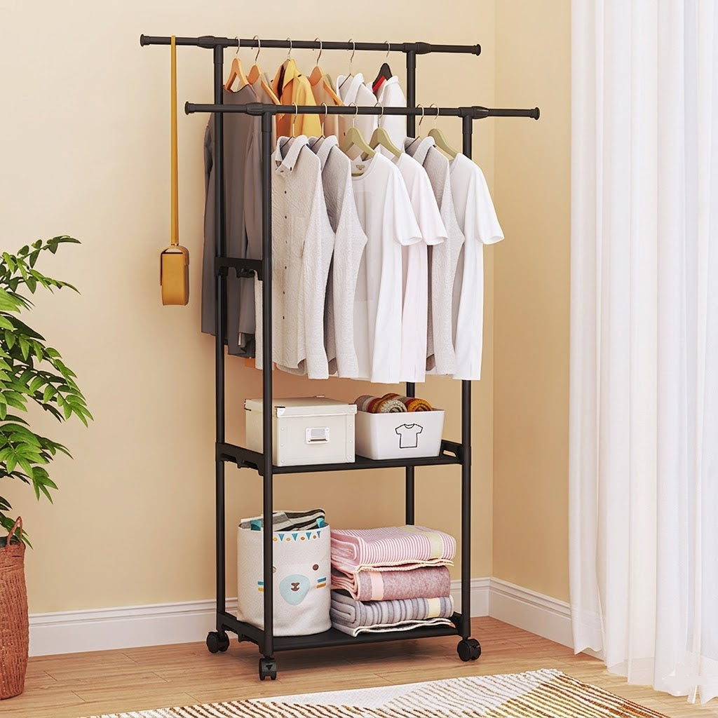 Double Pole Clothes Rack with Shelf & Shoe Storage