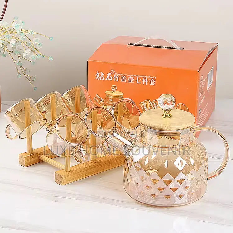 Amber Glass Water Jug Set with 6 Cups & Wooden Rack - Premium Tea & Juice Server Set