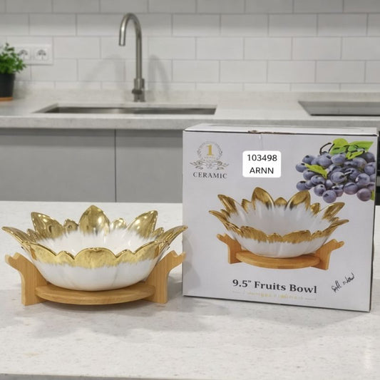 Elegant Lotus-Style Gold-Rimmed Ceramic Bowl with Wooden Stand - Trenducts.pk