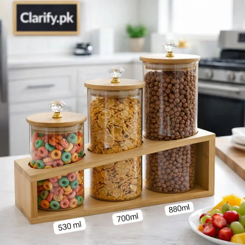 Premium Glass Storage Jar Set with Wooden Stand – Luxury Kitchen Organizer - Clarify.pk