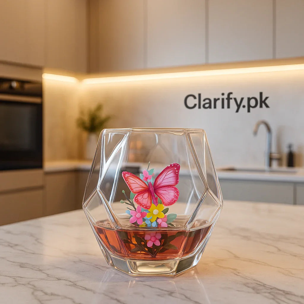 Butterfly Floral Double Wall Glass Cup – Elegant Heat-Resistant Mug - Clarify.pk