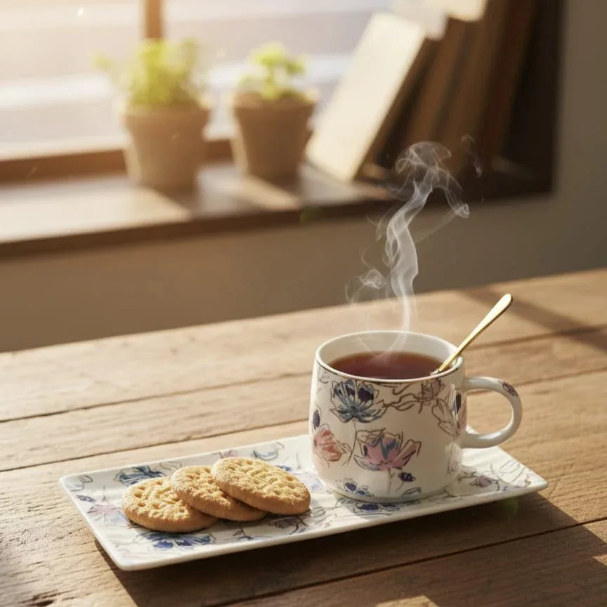 Premium Ceramic Tea Cup with Plate - Floral Design Serving Set - Clarify.pk