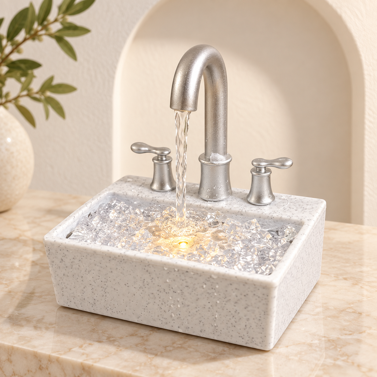 Luxury Sink-Style Tabletop Water Fountain with Faucet, Crystal Pebbles & LED Light