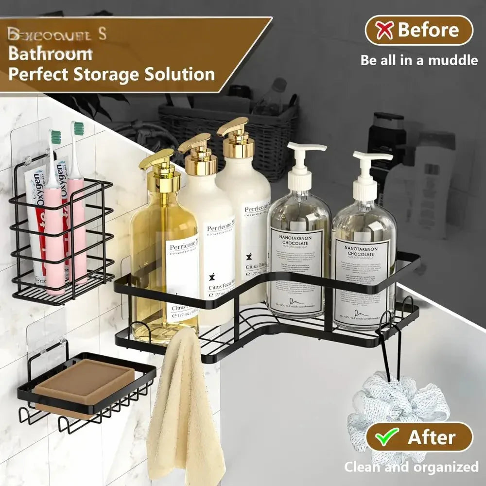 Rustproof 5-Piece Black Bathroom Shelf Set – Wall Mounted - Clarify.pk