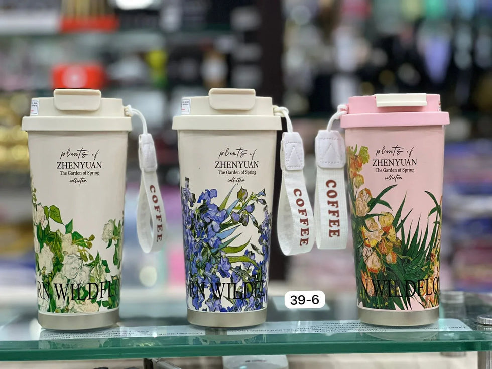 500ml Floral Coffee Travel Cup – Leak-Proof with Strap (Each) - Clarify.pk