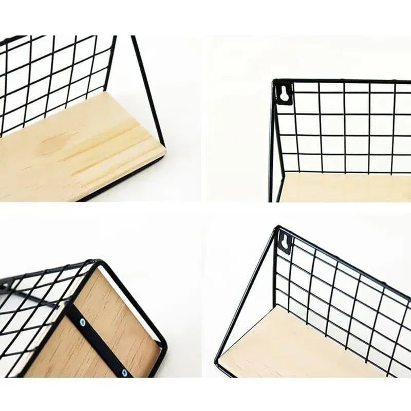 Metal Grid Wall Shelf with Wooden Base for Stylish Home Storage - Clarify.pk