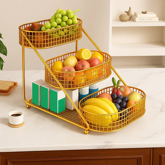 3 Layer Golden Fruit Basket – Iron Storage Rack - Clarify.pk